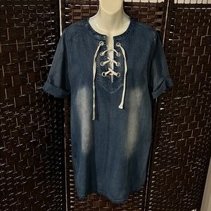 Casual Denim Lace-Up Short Sleeve Dress